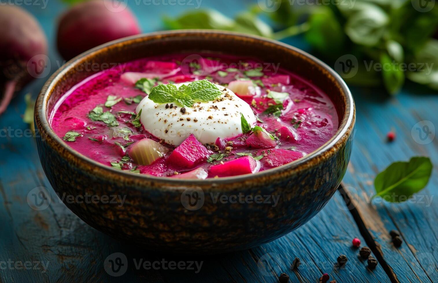Borscht is a red beet soup with vegetables, served with sour cream in a bowl photo