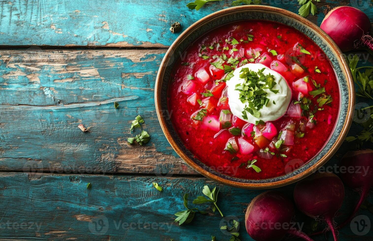 Borscht is a red beet soup with vegetables, served with sour cream in a bowl photo
