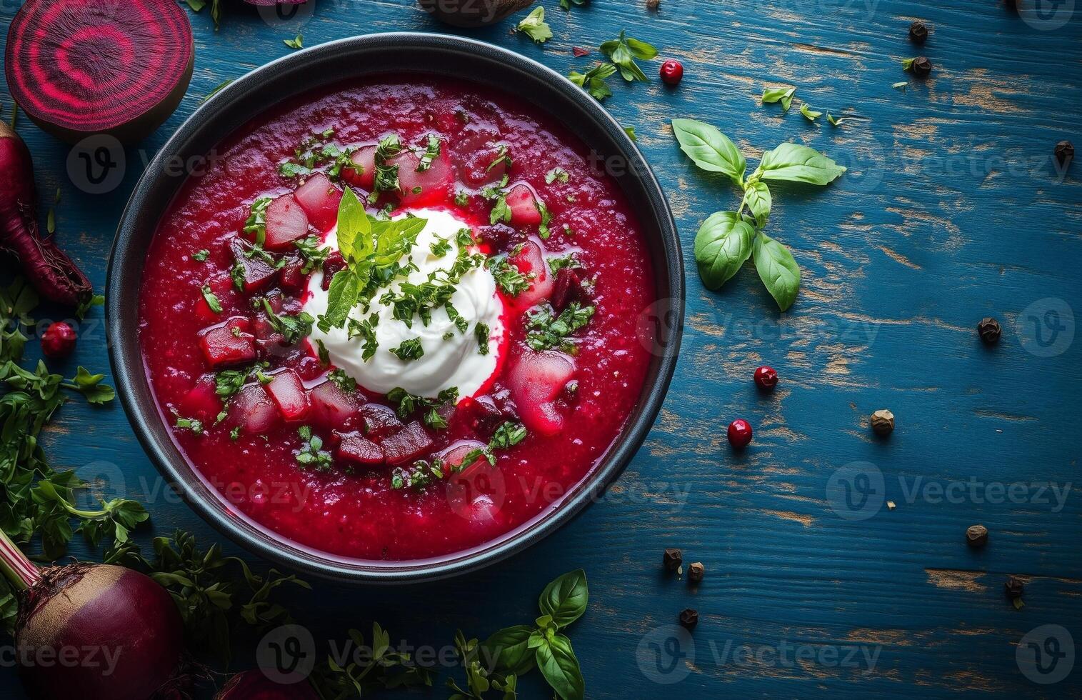 Borscht is a red beet soup with vegetables, served with sour cream in a bowl photo