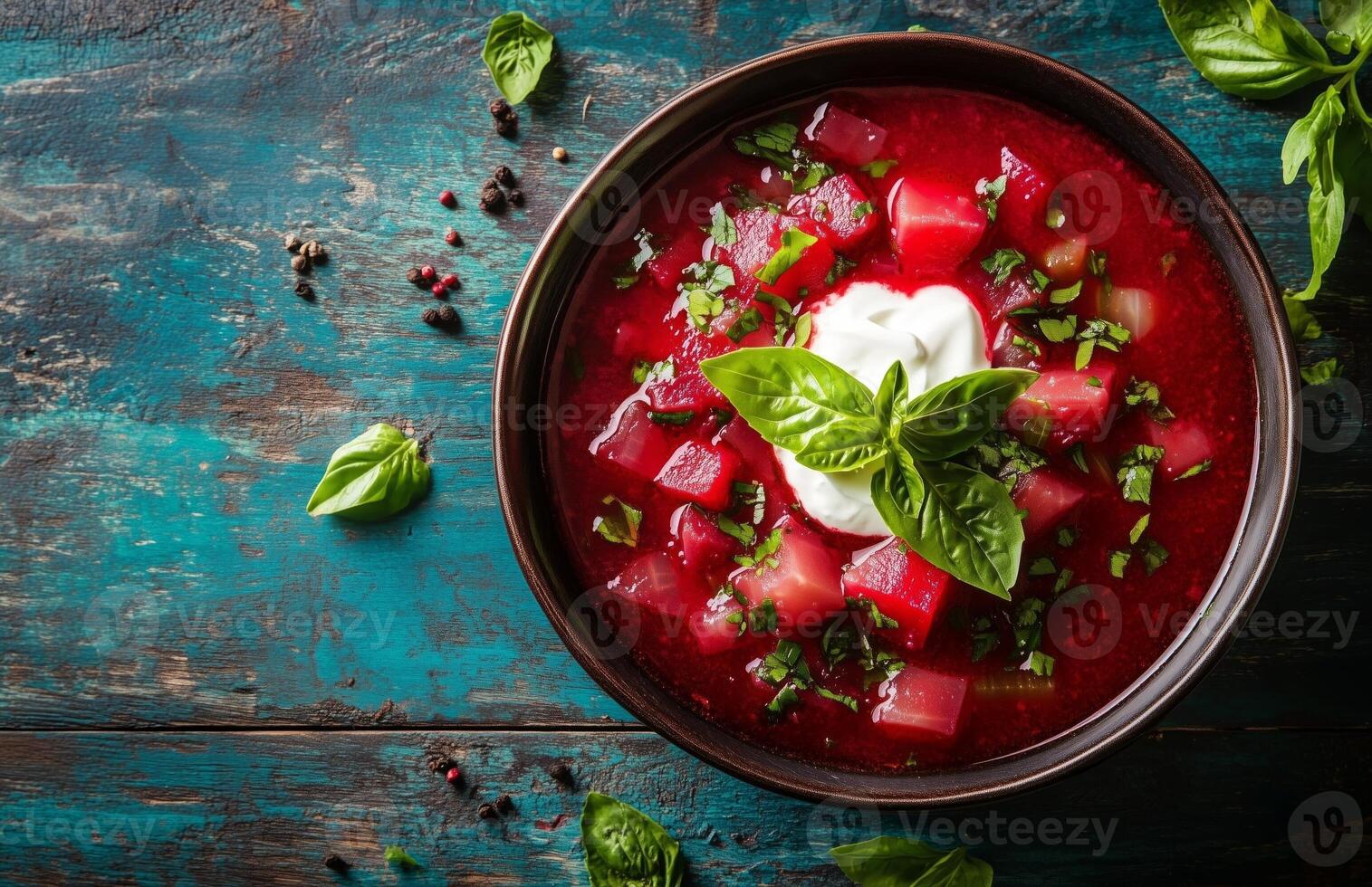Borscht is a red beet soup with vegetables, served with sour cream in a bowl photo