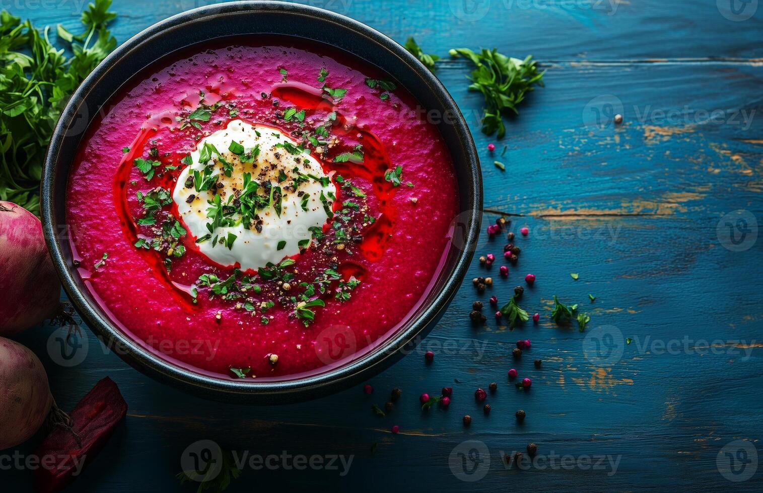 Borscht is a red beet soup with vegetables, served with sour cream in a bowl photo