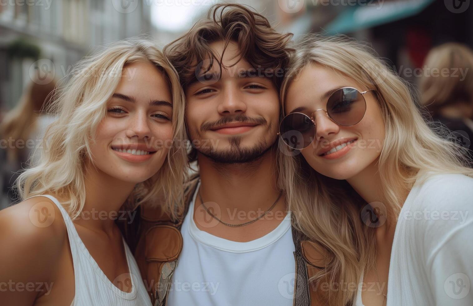 Young man smiling, standing between two blonde women in white outfits on an urban street photo