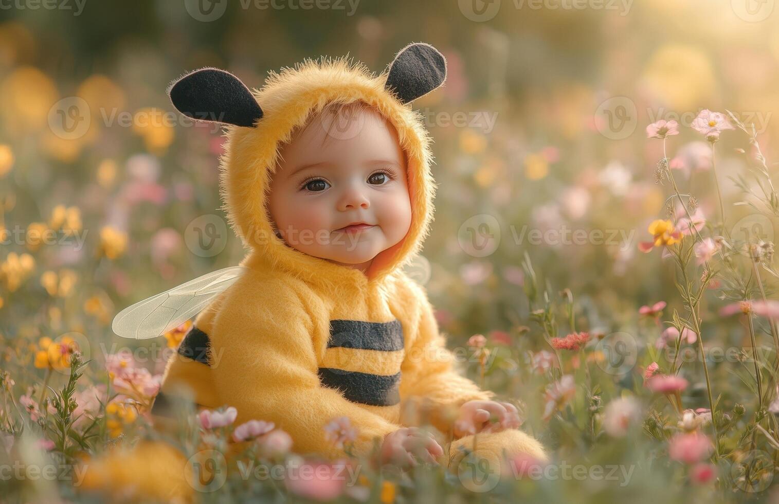 A cute baby dressed as a bee, sitting among vibrant wildflowers in a sunny meadow photo