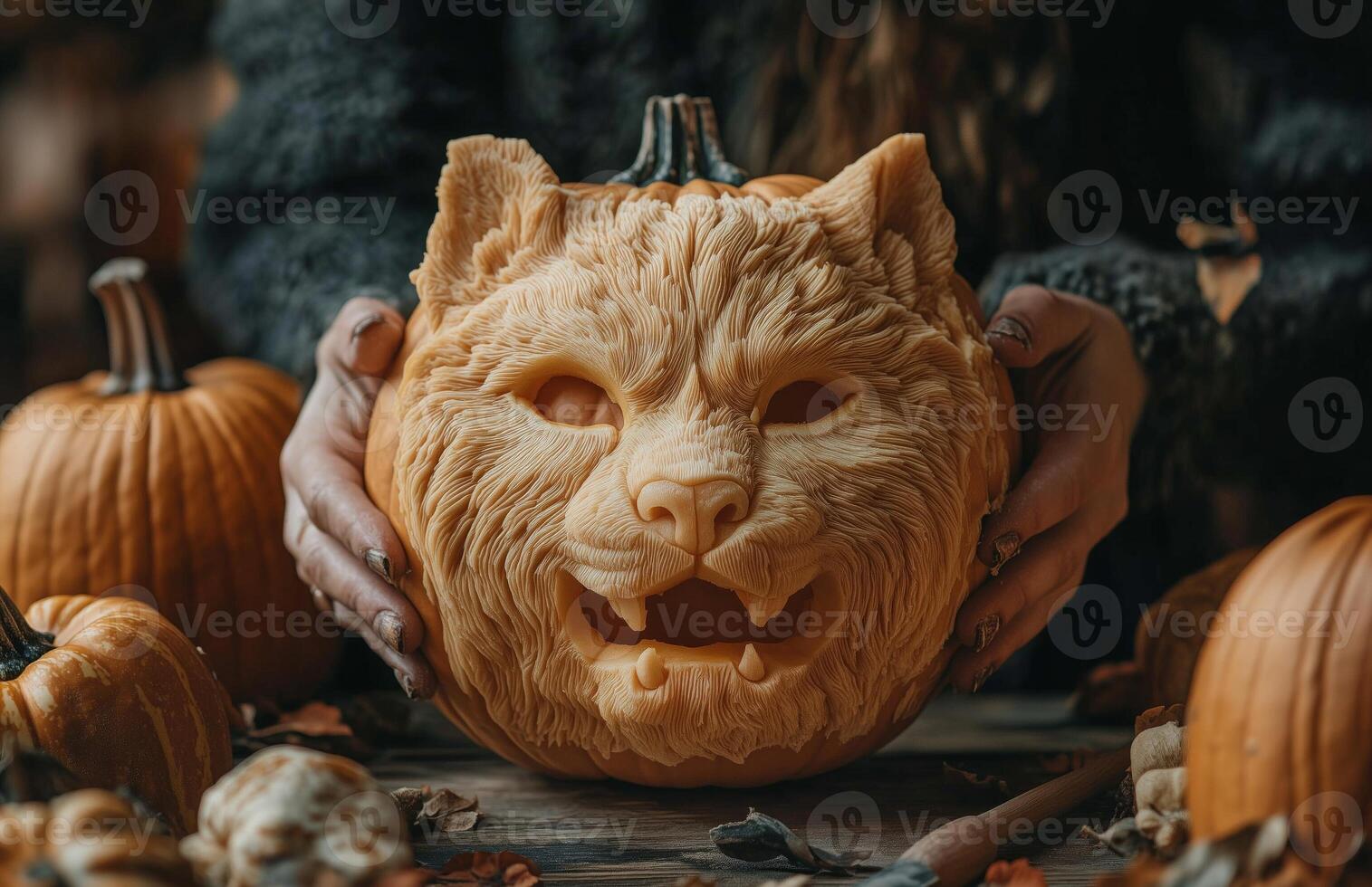 A woman proudly displays a pumpkin with an animal face carved for Halloween photo