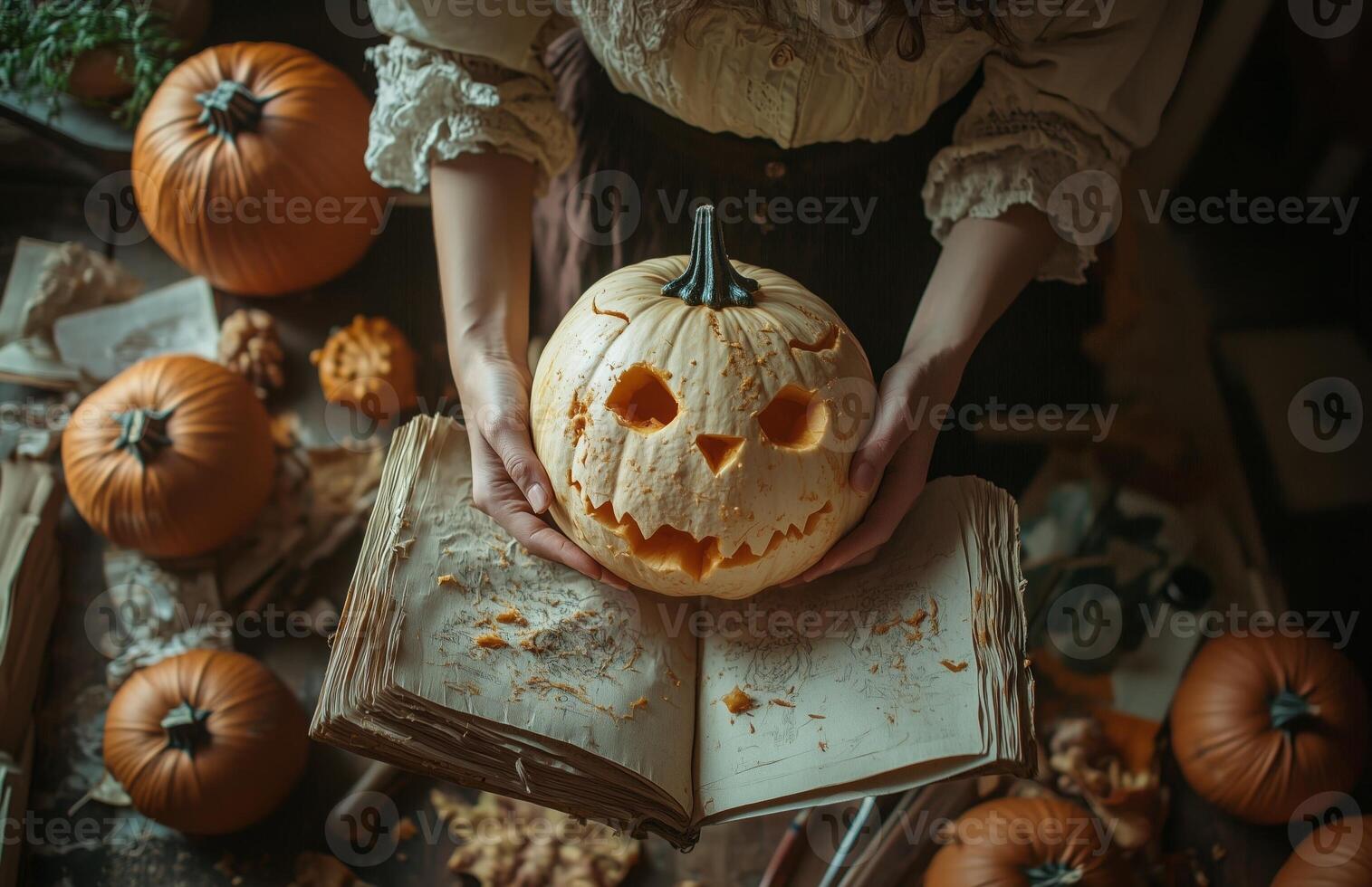 A woman proudly displays a pumpkin with an animal face carved for Halloween photo