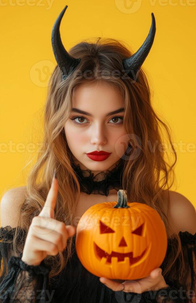 Young woman in devil costume holds a pumpkin and points at empty space, ready for Halloween photo