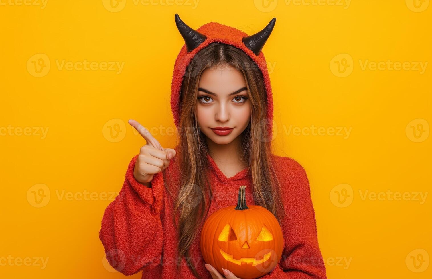 Young woman in devil costume holds a pumpkin and points at empty space, ready for Halloween photo