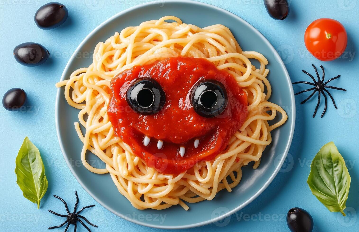 Spooky Halloween pasta with ketchup and a spider web set against a blue background photo