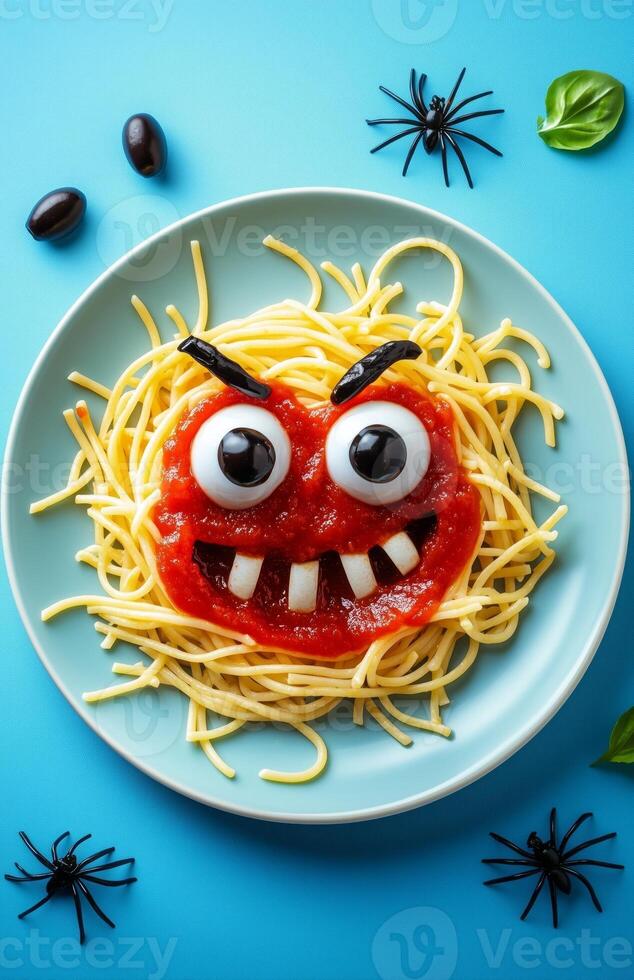 Spooky Halloween pasta with ketchup and a spider web set against a blue background photo