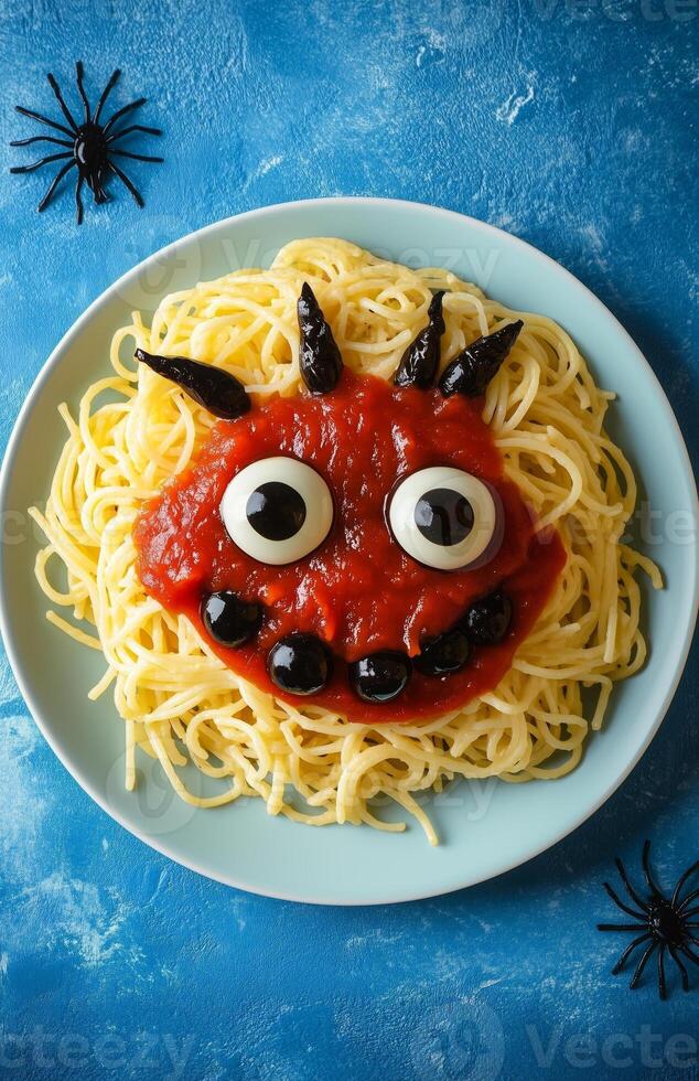 Spooky Halloween pasta with ketchup and a spider web set against a blue background photo