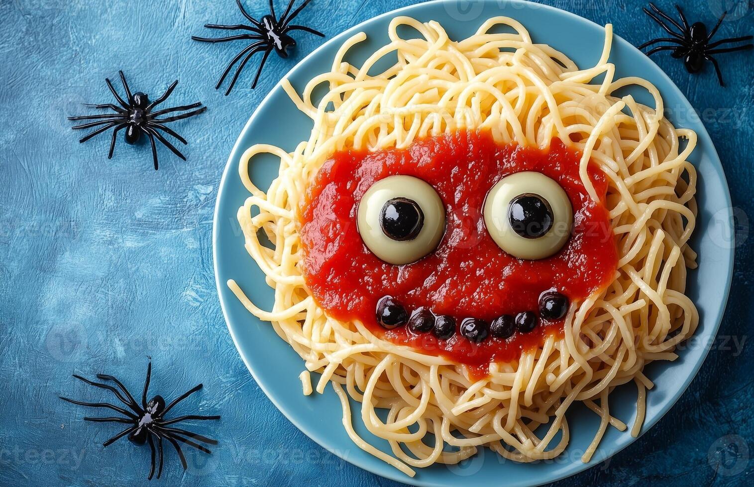 Spooky Halloween pasta with ketchup and a spider web set against a blue background photo
