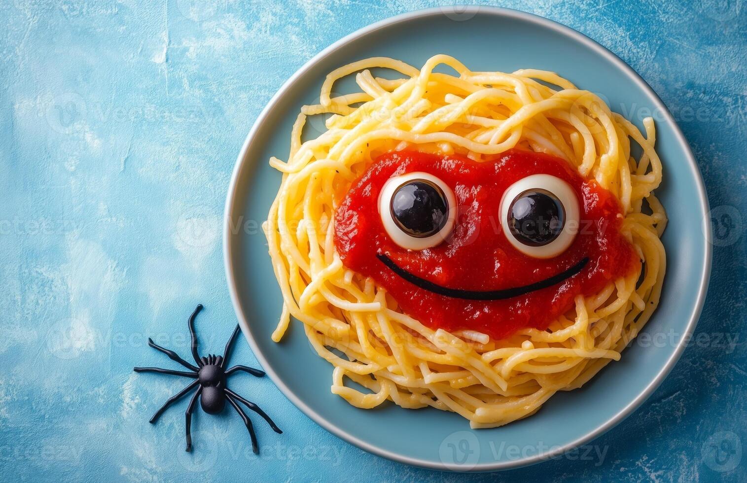 Spooky Halloween pasta with ketchup and a spider web set against a blue background photo
