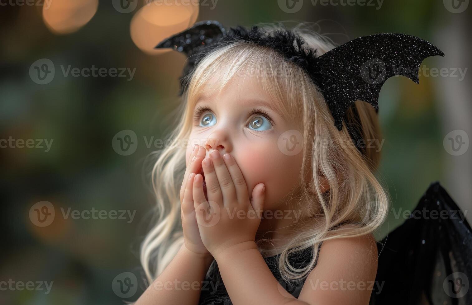 A blonde girl dressed as a bat, covering her mouth in joyful Halloween surprise photo