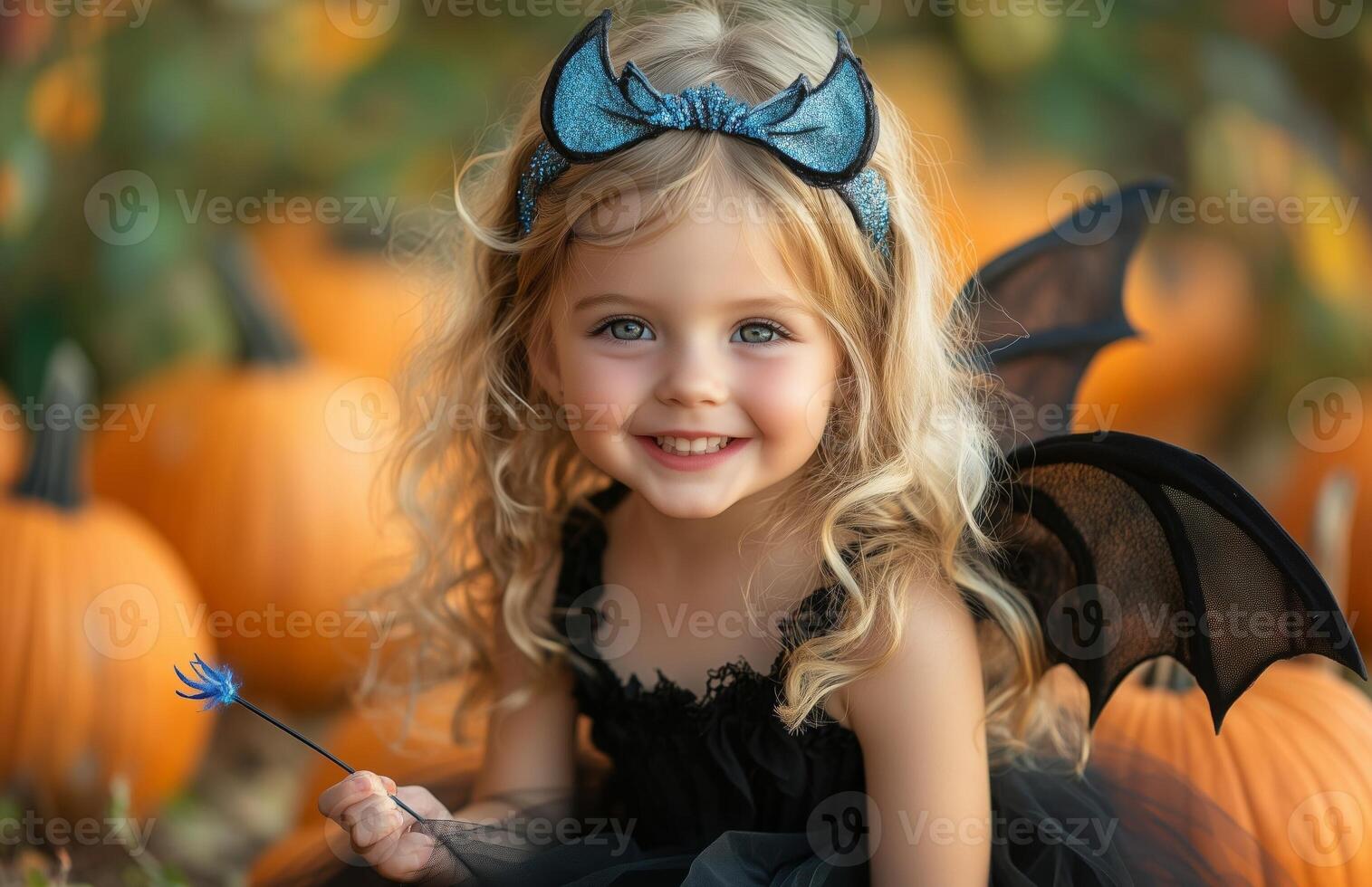 A joyful blonde girl dressed as a dark queen sits among pumpkins holding a wand photo