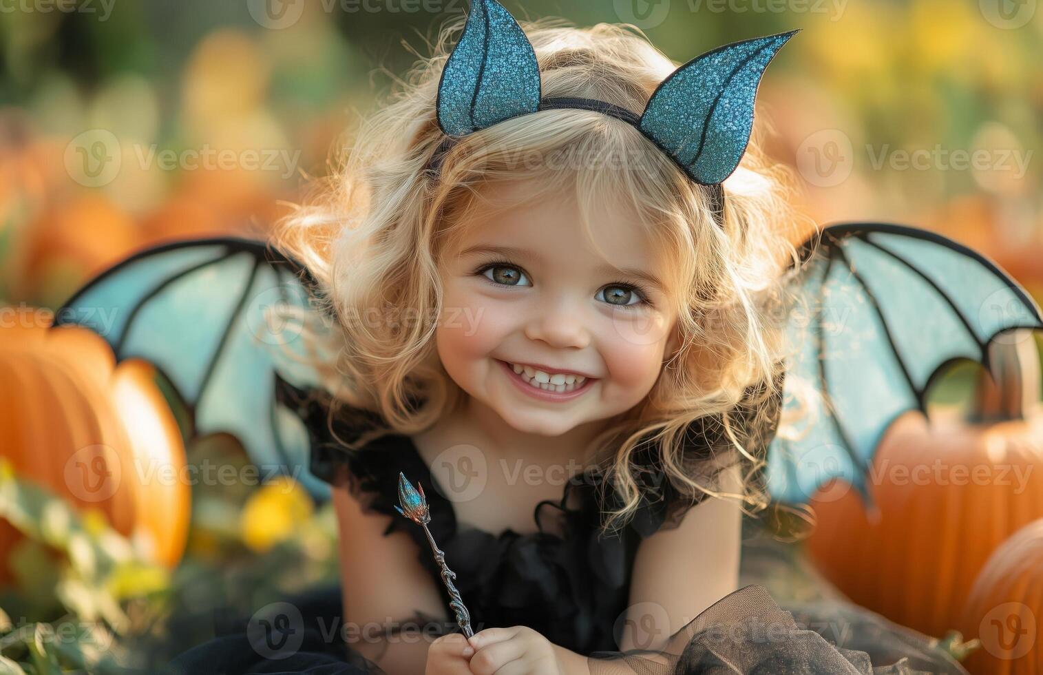 A joyful blonde girl dressed as a dark queen sits among pumpkins holding a wand photo