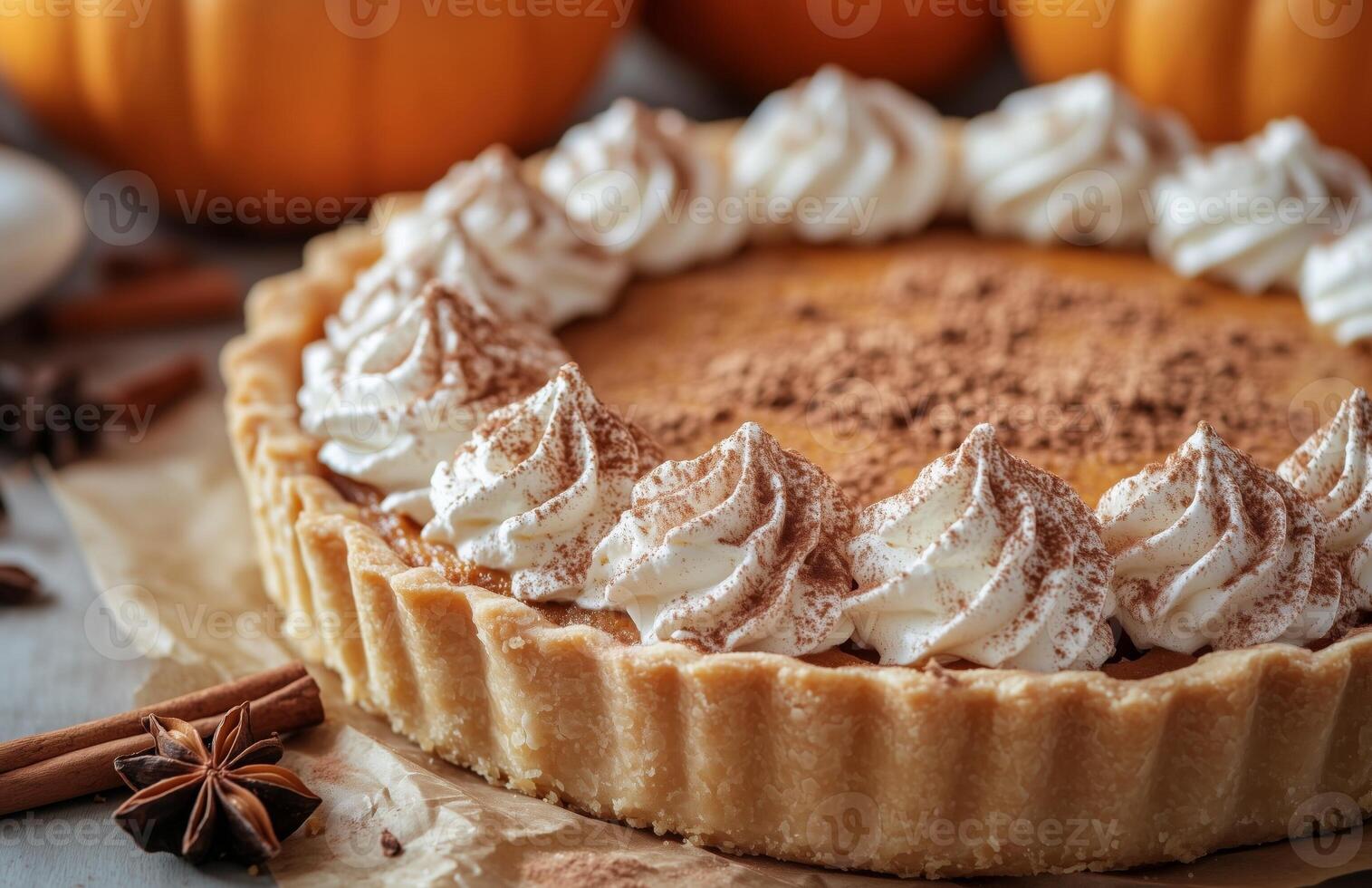 Closeup of pumpkin pie with whipped cream and cinnamon on parchment, a classic autumn dessert photo
