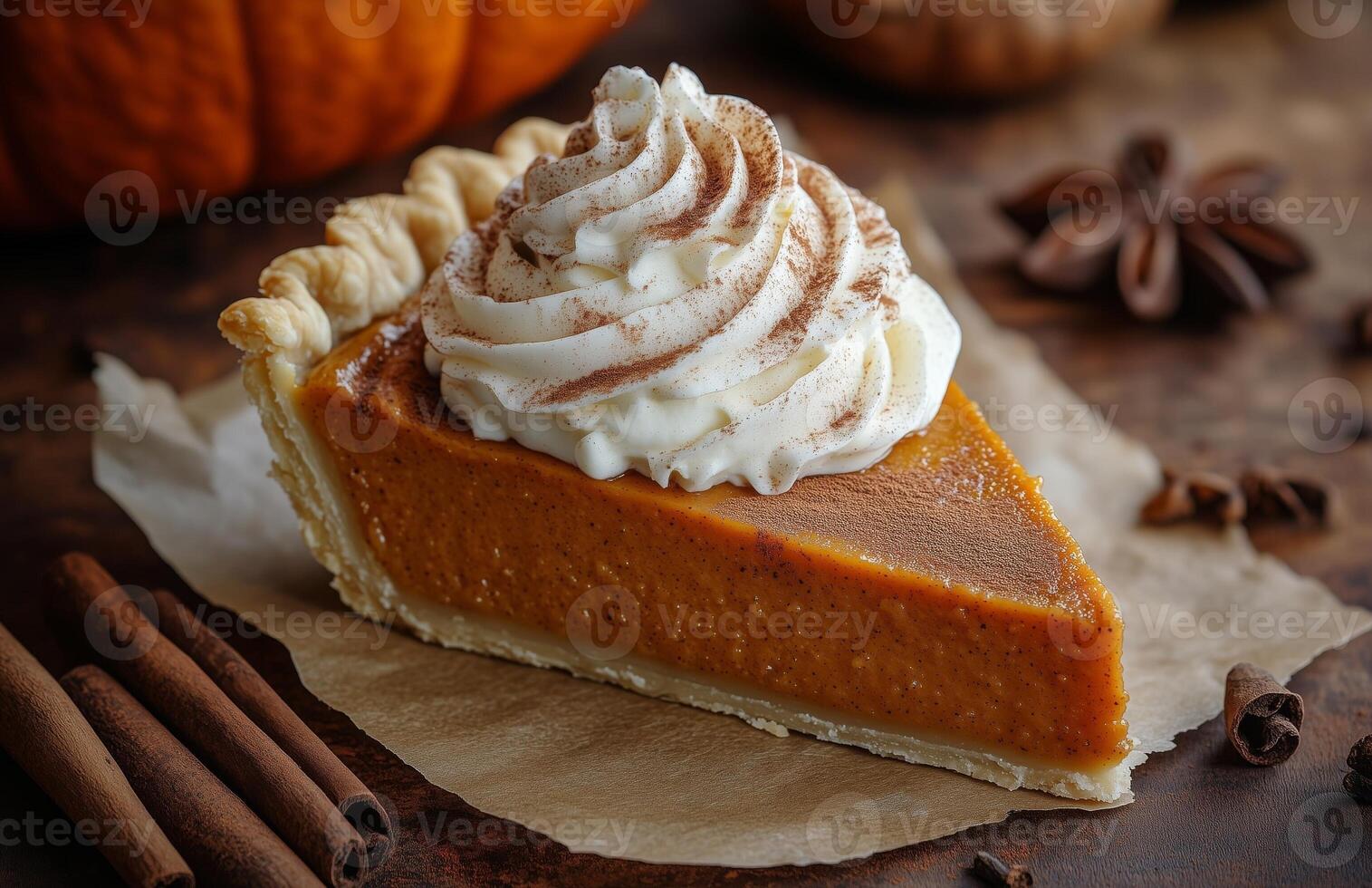 Closeup of pumpkin pie with whipped cream and cinnamon on parchment, a classic autumn dessert photo