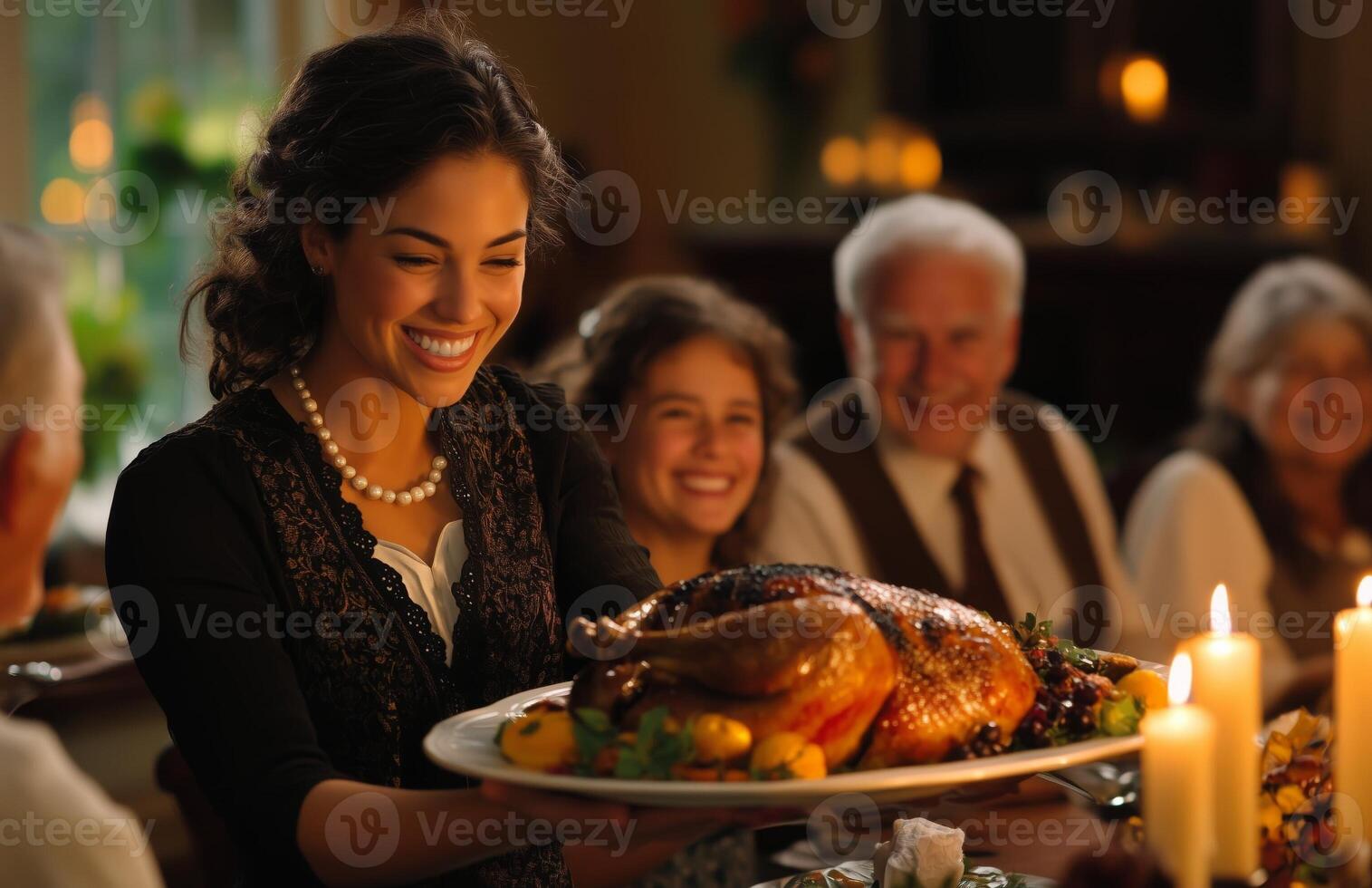 familia y amigos disfrutando acción de gracias cena a hogar, mujer servicio caliente Turquía a todos foto