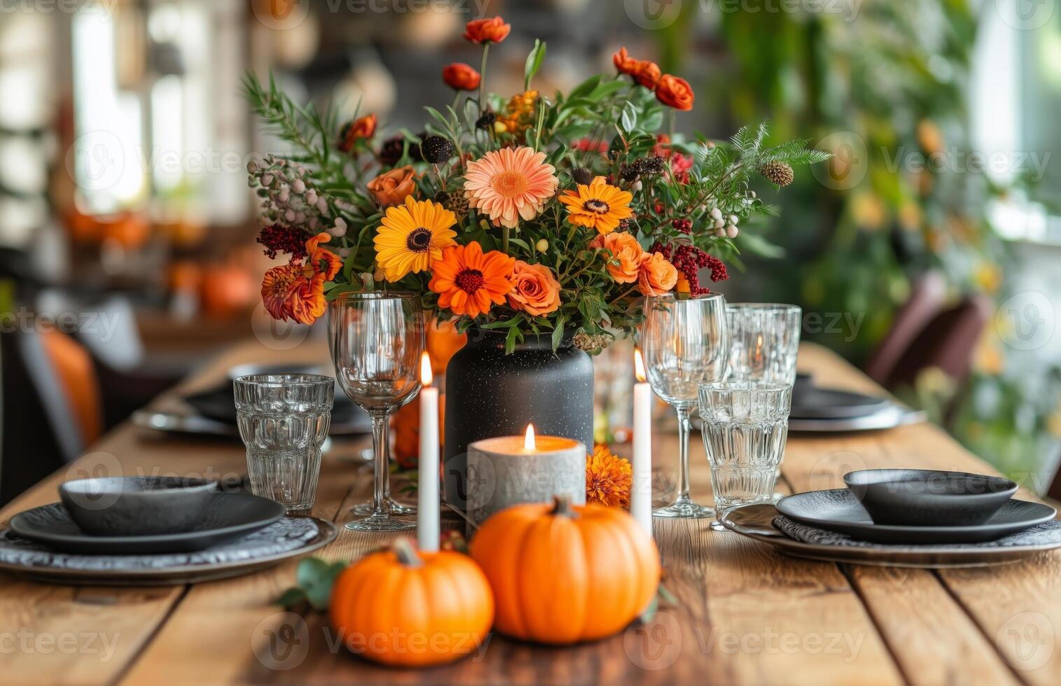Autumn table setting featuring pumpkins, candles, and flowers on a wooden surface for festive decor photo