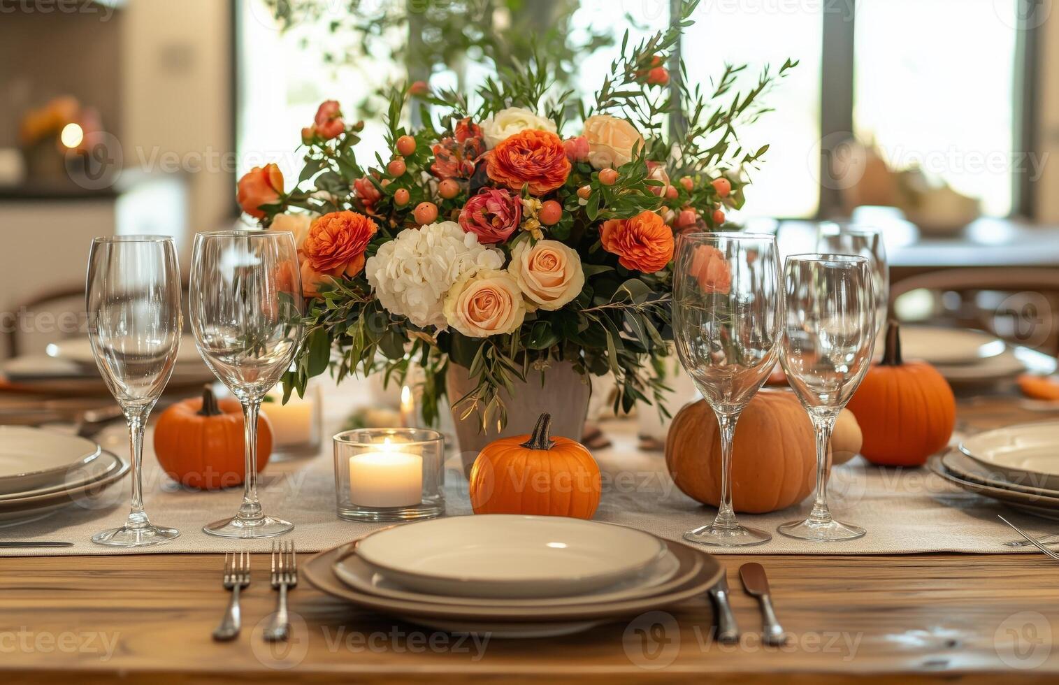 Autumn table setting featuring pumpkins, candles, and flowers on a wooden surface for festive decor photo