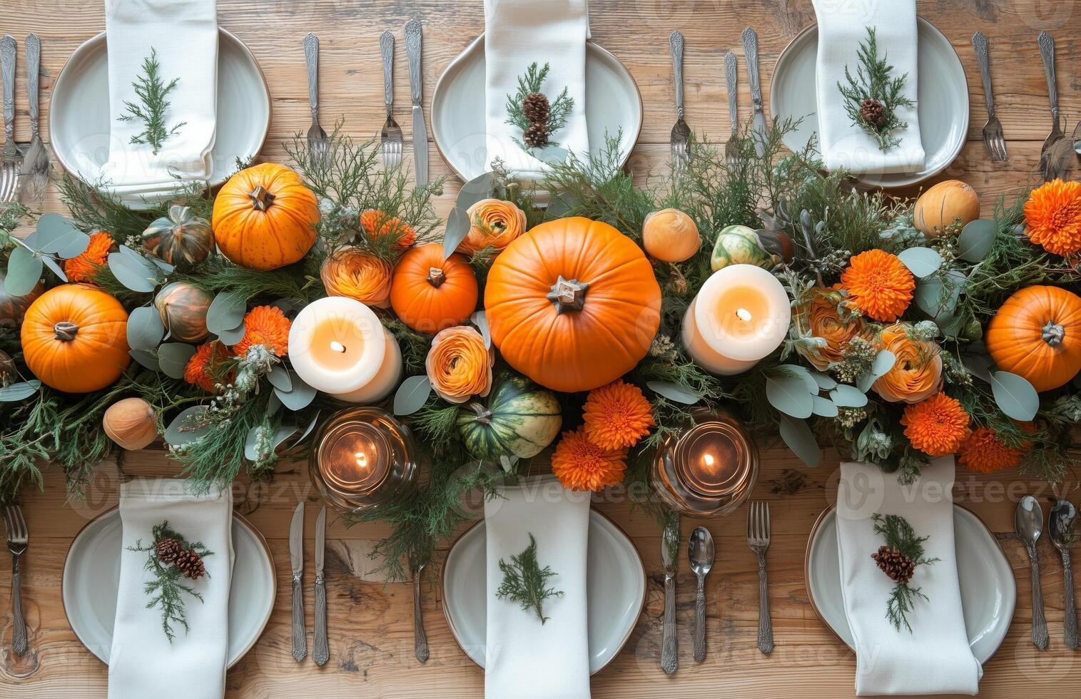 Autumn table setting featuring pumpkins, candles, and flowers on a wooden surface for festive decor photo