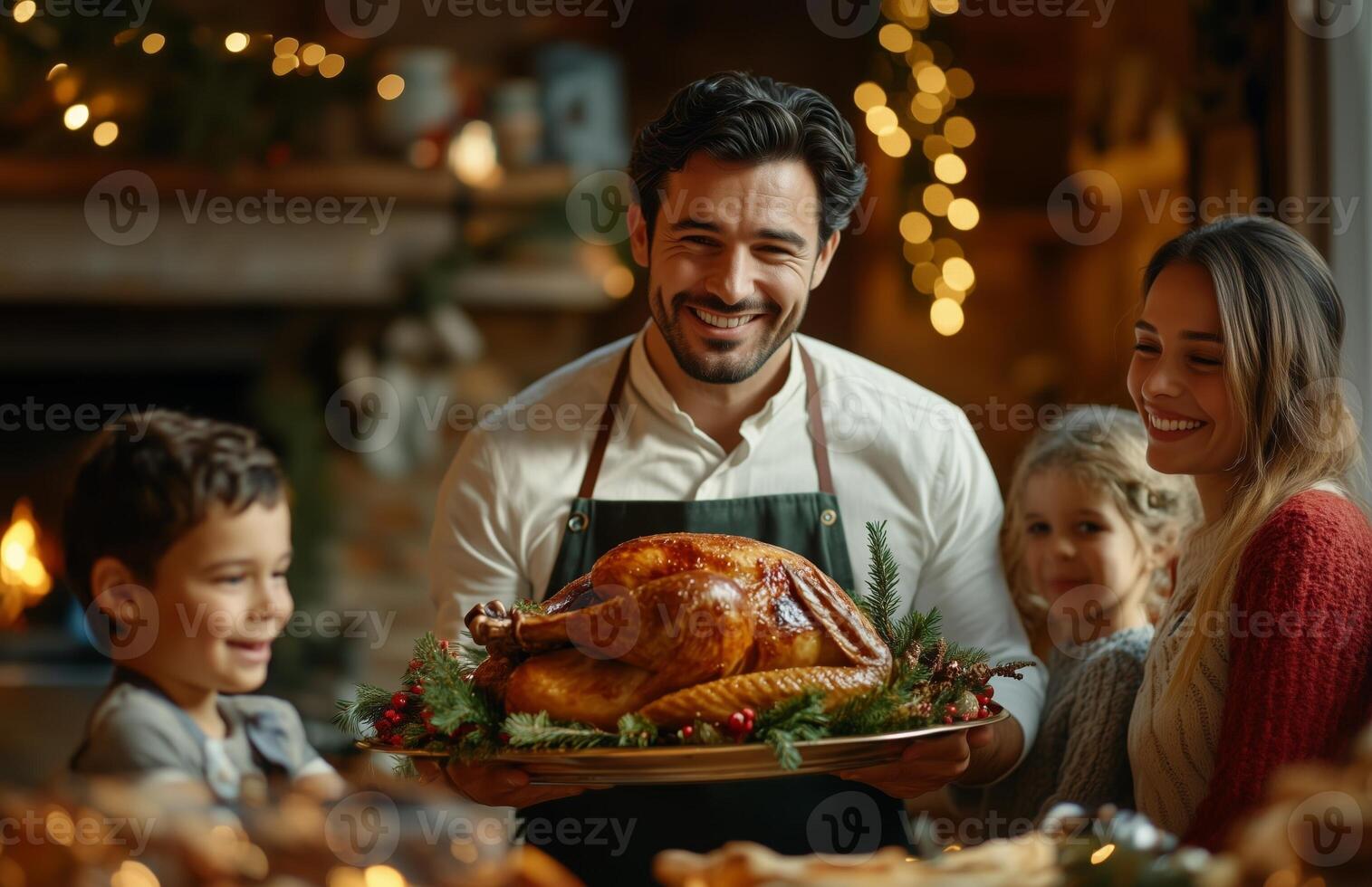 A joyful family gathers for Thanksgiving dinner, as a man presents a roasted turkey photo