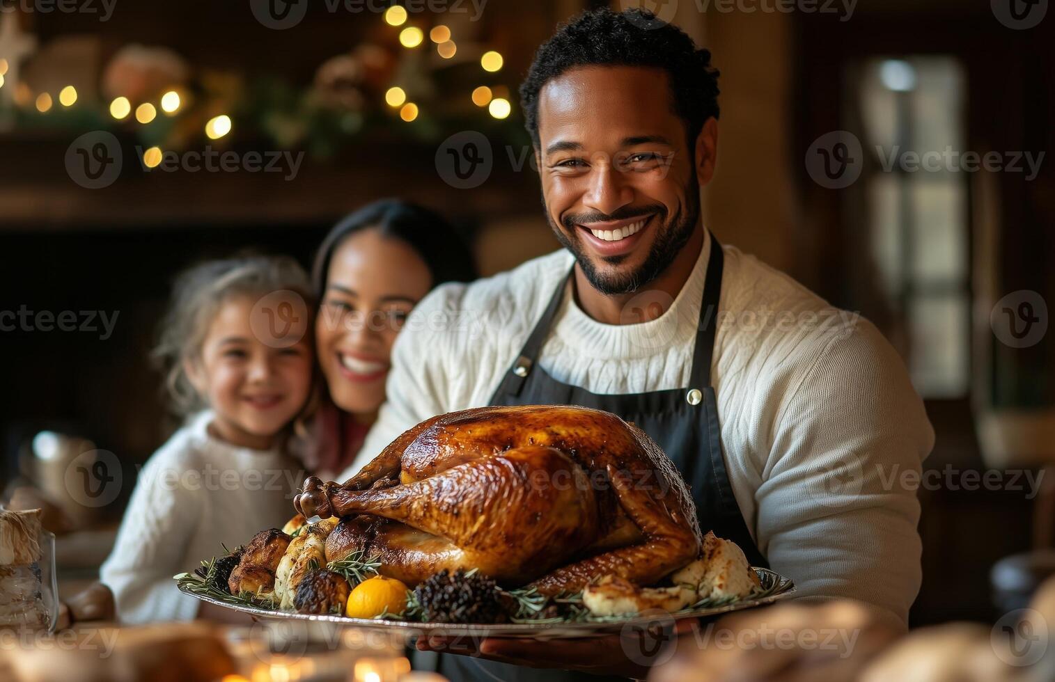 A joyful family gathers for Thanksgiving dinner, as a man presents a roasted turkey photo