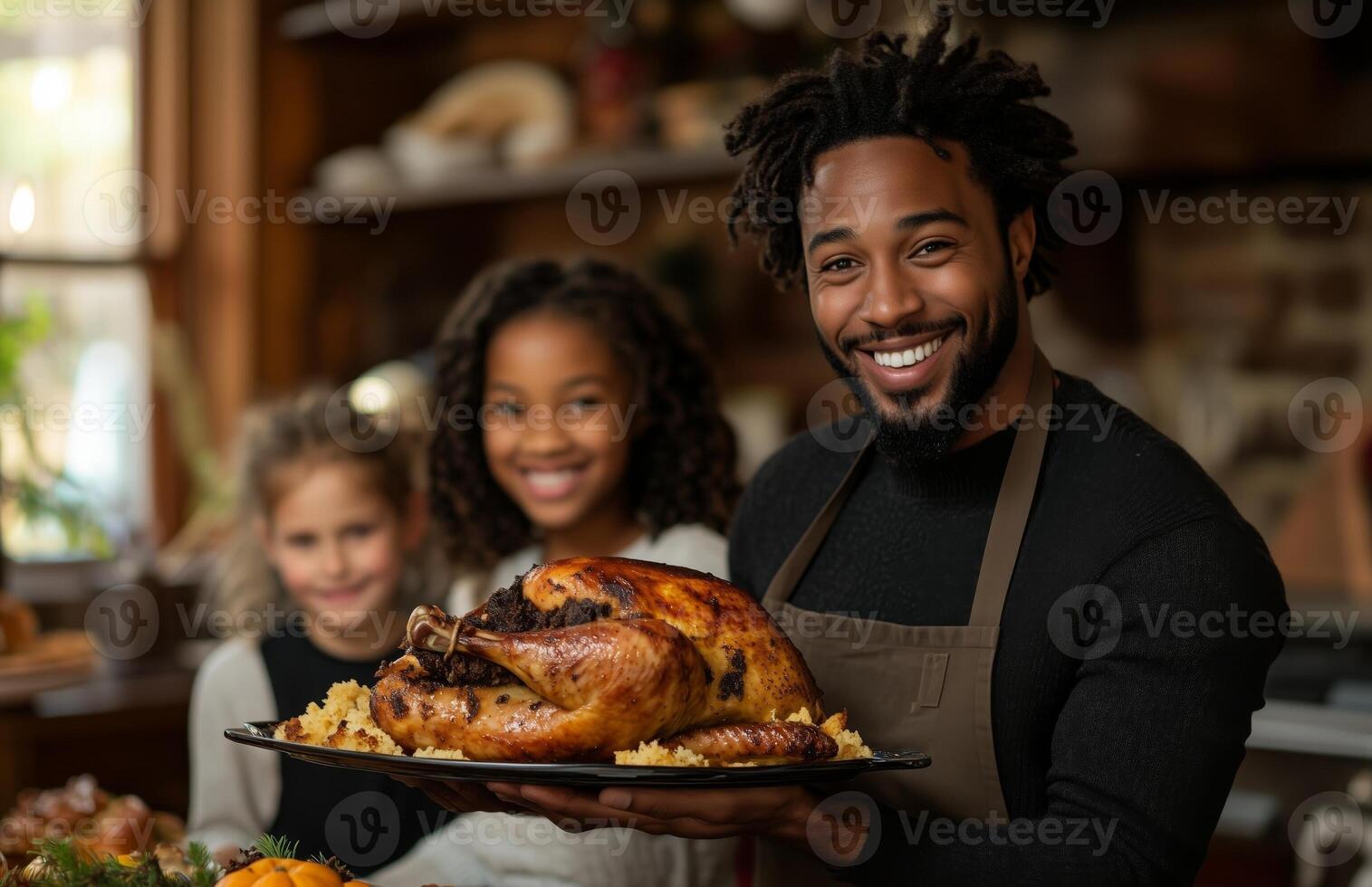 A joyful family gathers for Thanksgiving dinner, as a man presents a roasted turkey photo