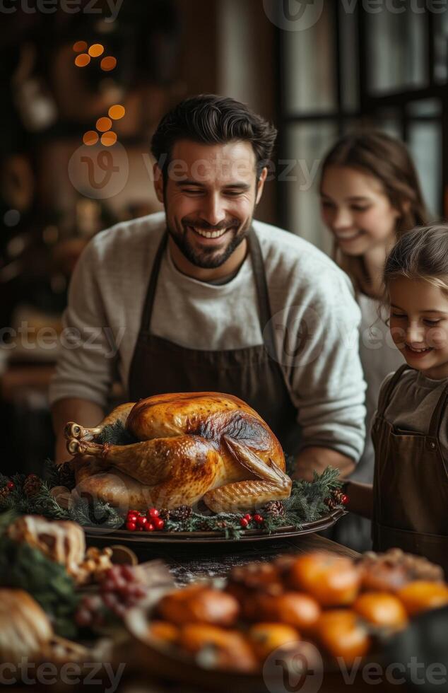 A joyful family gathers for Thanksgiving dinner, as a man presents a roasted turkey photo