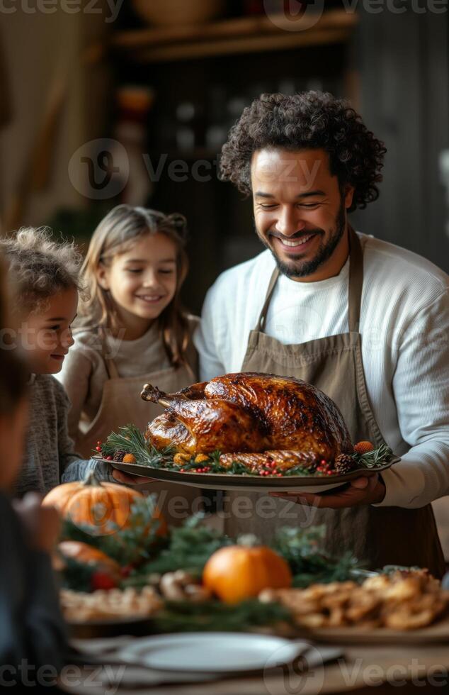 A joyful family gathers for Thanksgiving dinner, as a man presents a roasted turkey photo