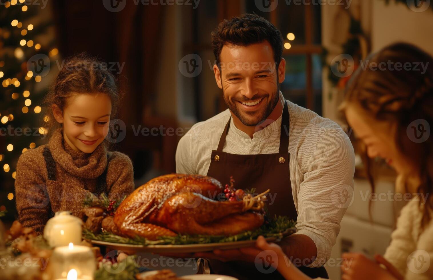A joyful family gathers for Thanksgiving dinner, as a man presents a roasted turkey photo