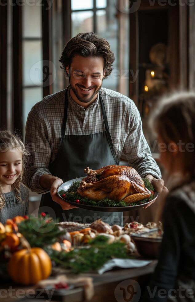 A joyful family gathers for Thanksgiving dinner, as a man presents a roasted turkey photo