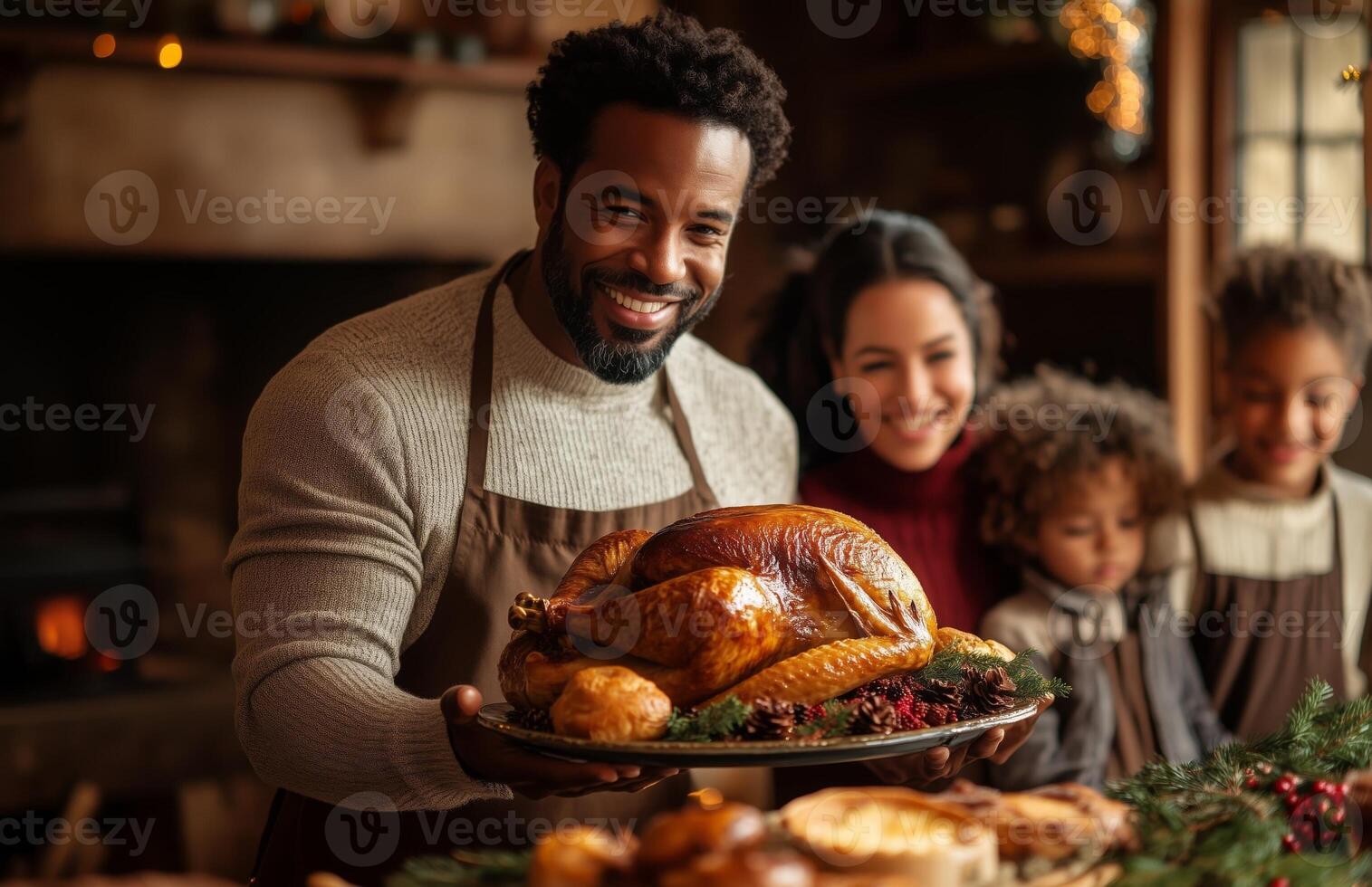 A joyful family gathers for Thanksgiving dinner, as a man presents a roasted turkey photo