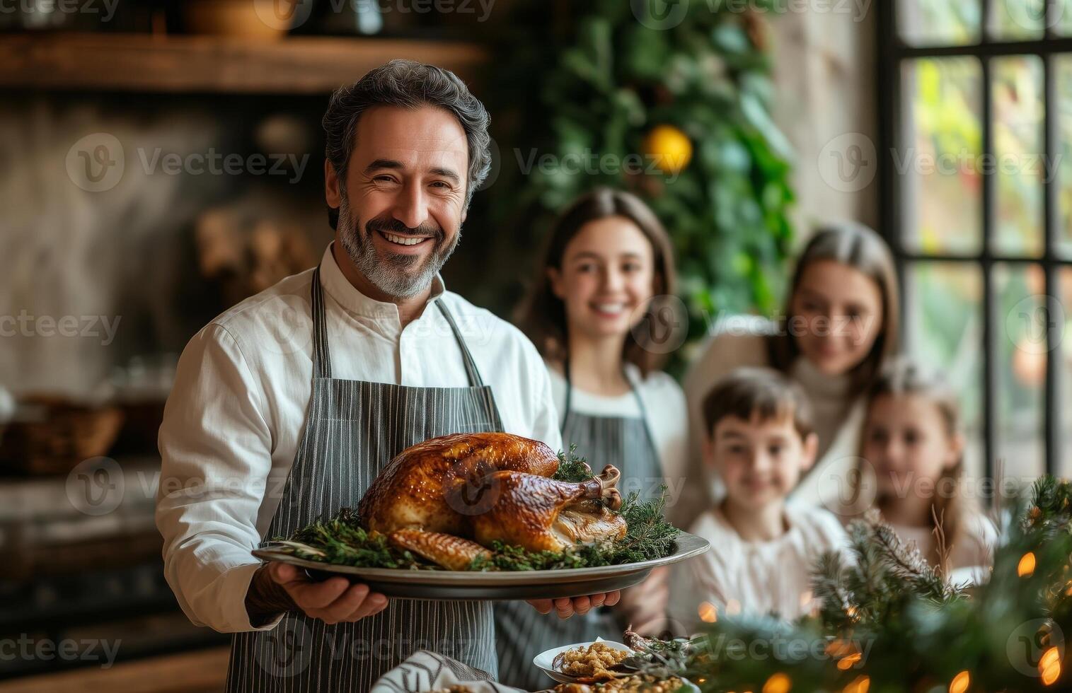 A joyful family gathers for Thanksgiving dinner, as a man presents a roasted turkey photo