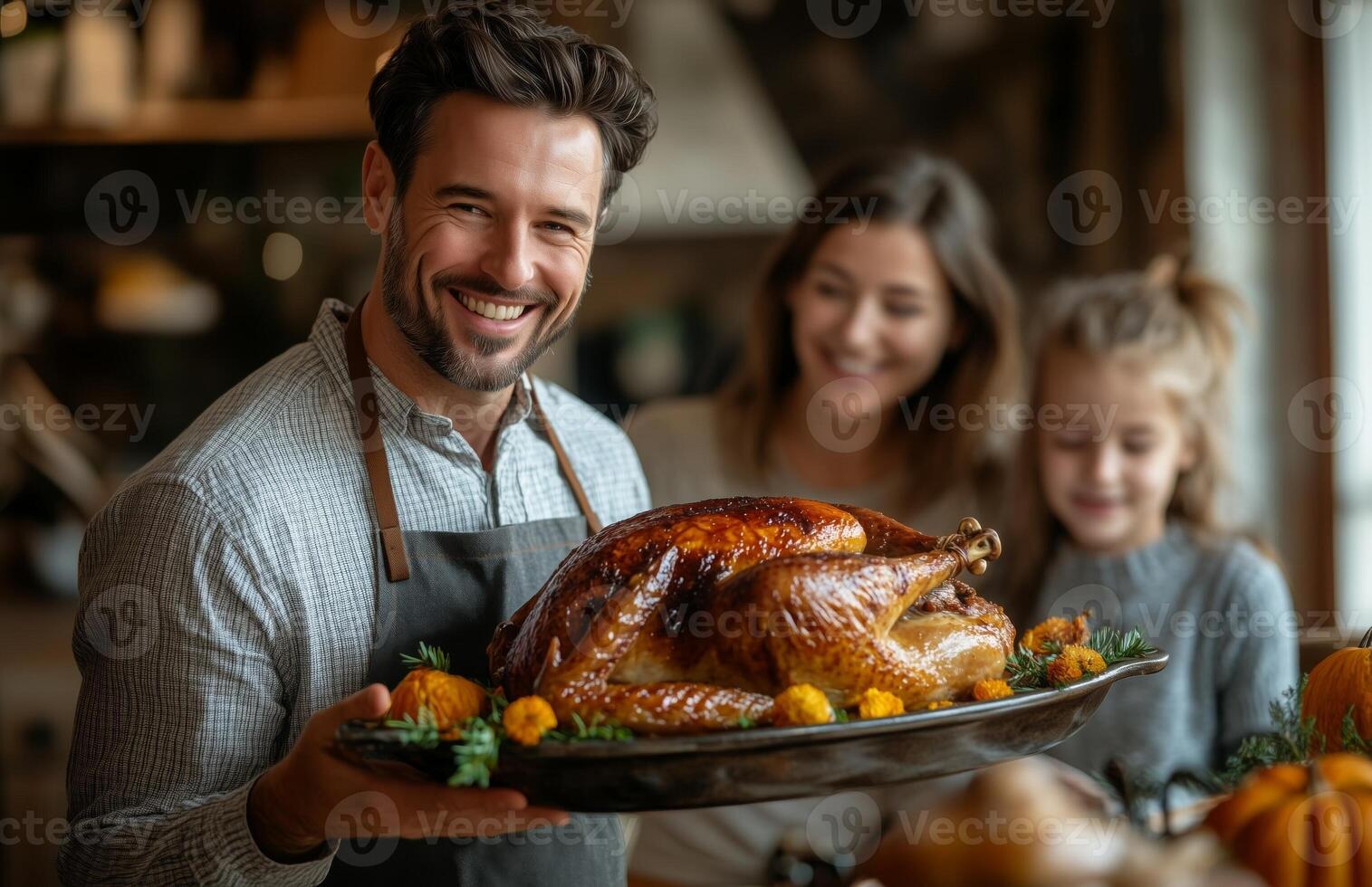 A joyful family gathers for Thanksgiving dinner, as a man presents a roasted turkey photo