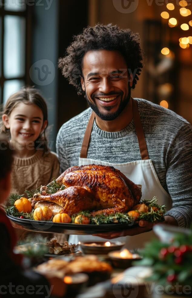 A joyful family gathers for Thanksgiving dinner, as a man presents a roasted turkey photo