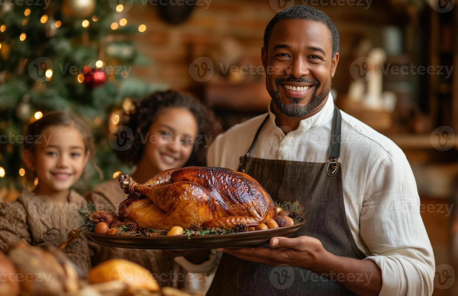 A joyful family gathers for Thanksgiving dinner, as a man presents a roasted turkey photo