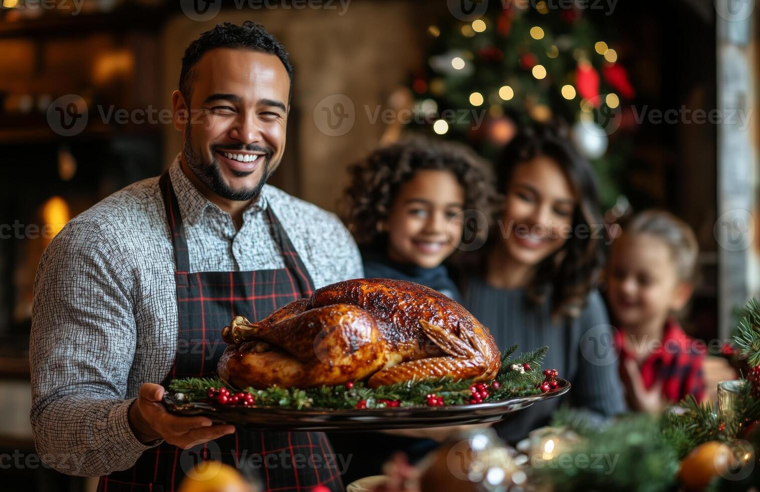 A joyful family gathers for Thanksgiving dinner, as a man presents a roasted turkey photo