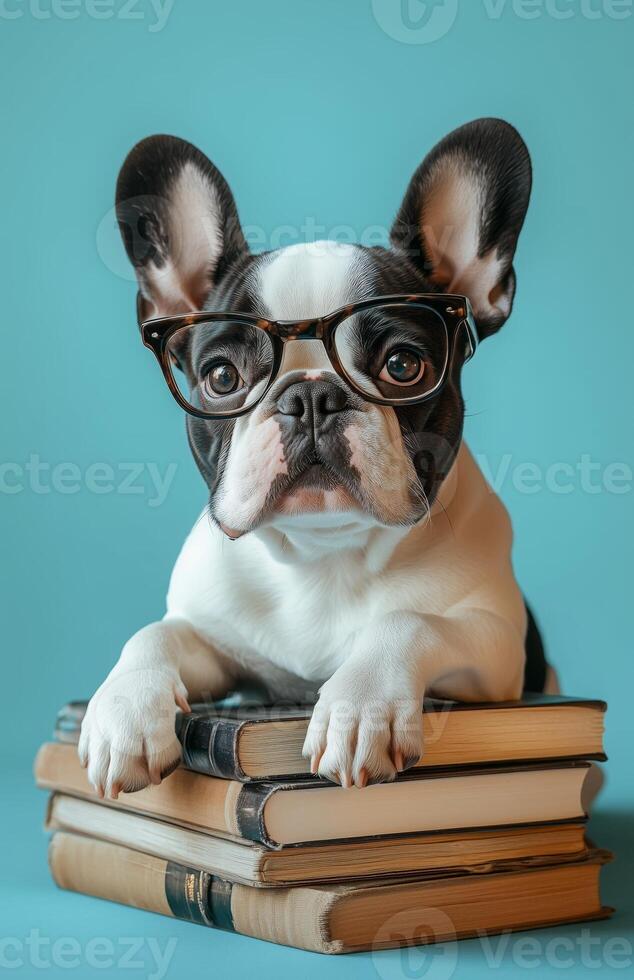 A French Bulldog with glasses is lying on books, appearing studious and focused photo
