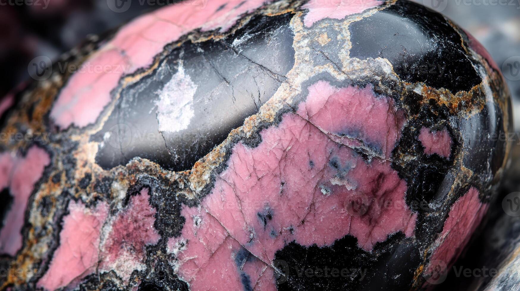 Detailed view of rhodonite showing striking pink and black color contrasts photo