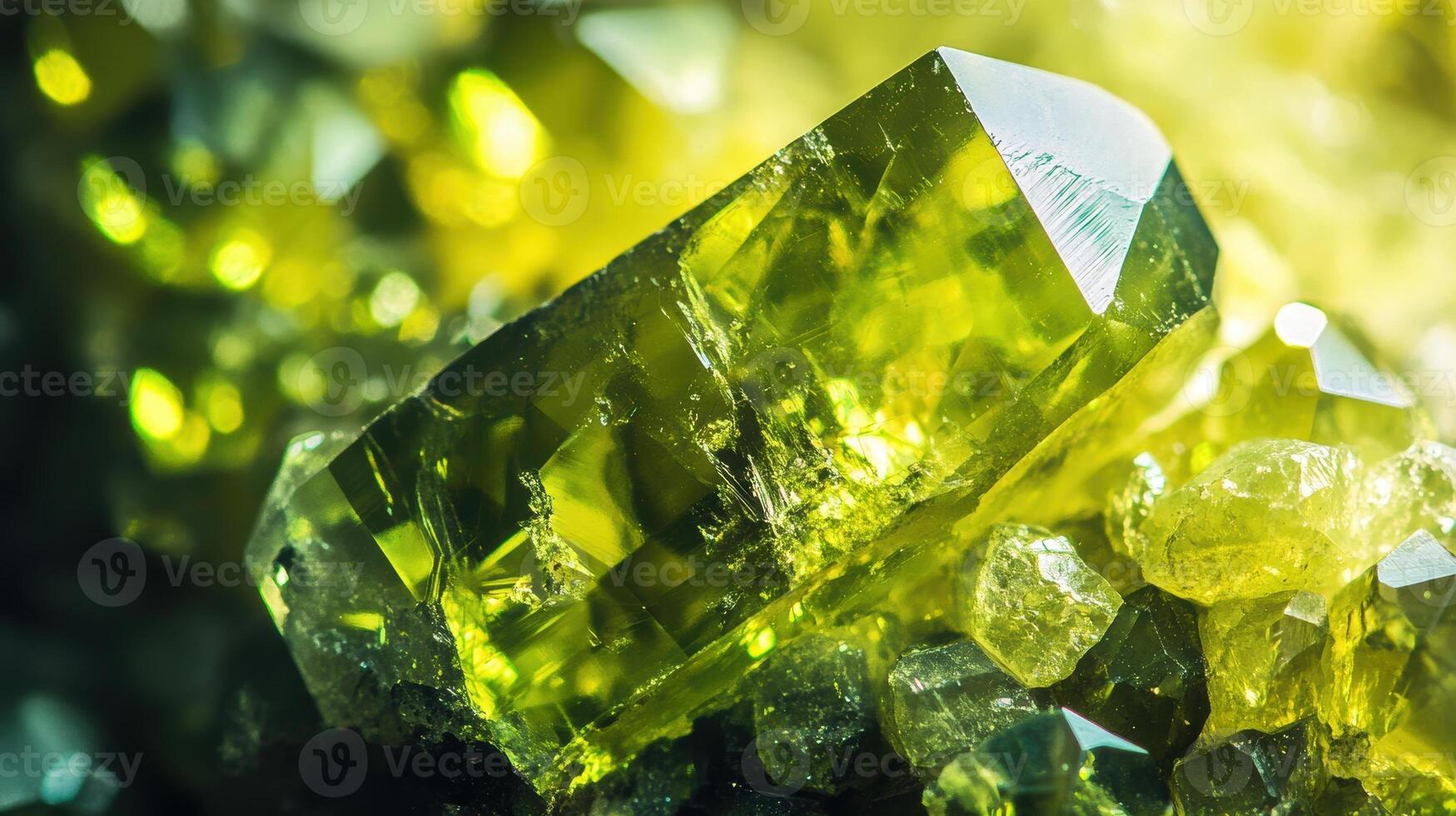 Extreme close-up of peridot surface, focusing on its rich green tones and the geometric facets of the crystal. photo