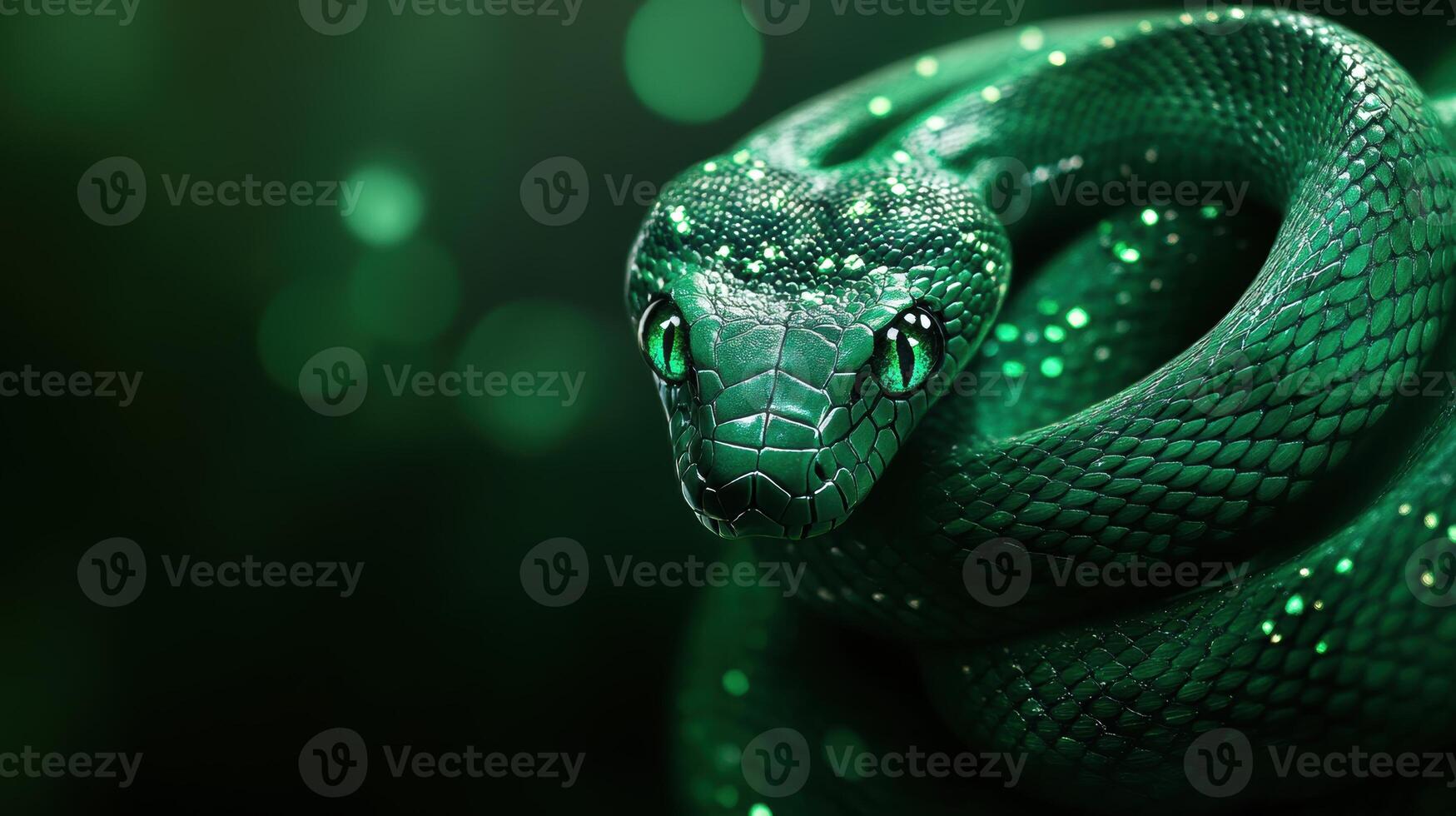 Intricately carved green snake with bright emerald eyes, symbolizing 2025. photo