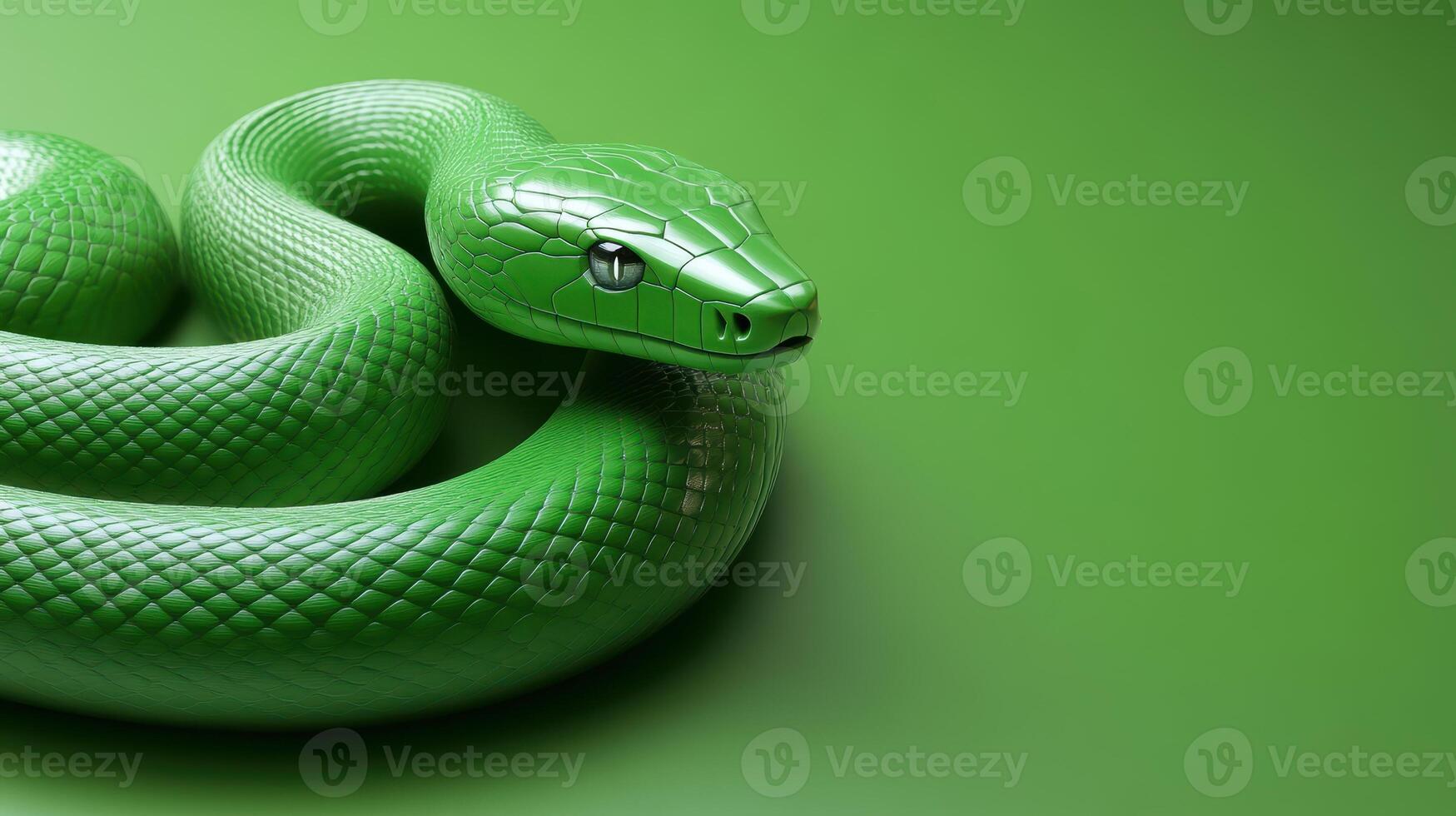 Modern green snake sculpture with clean design, set against a monochrome green backdrop. photo