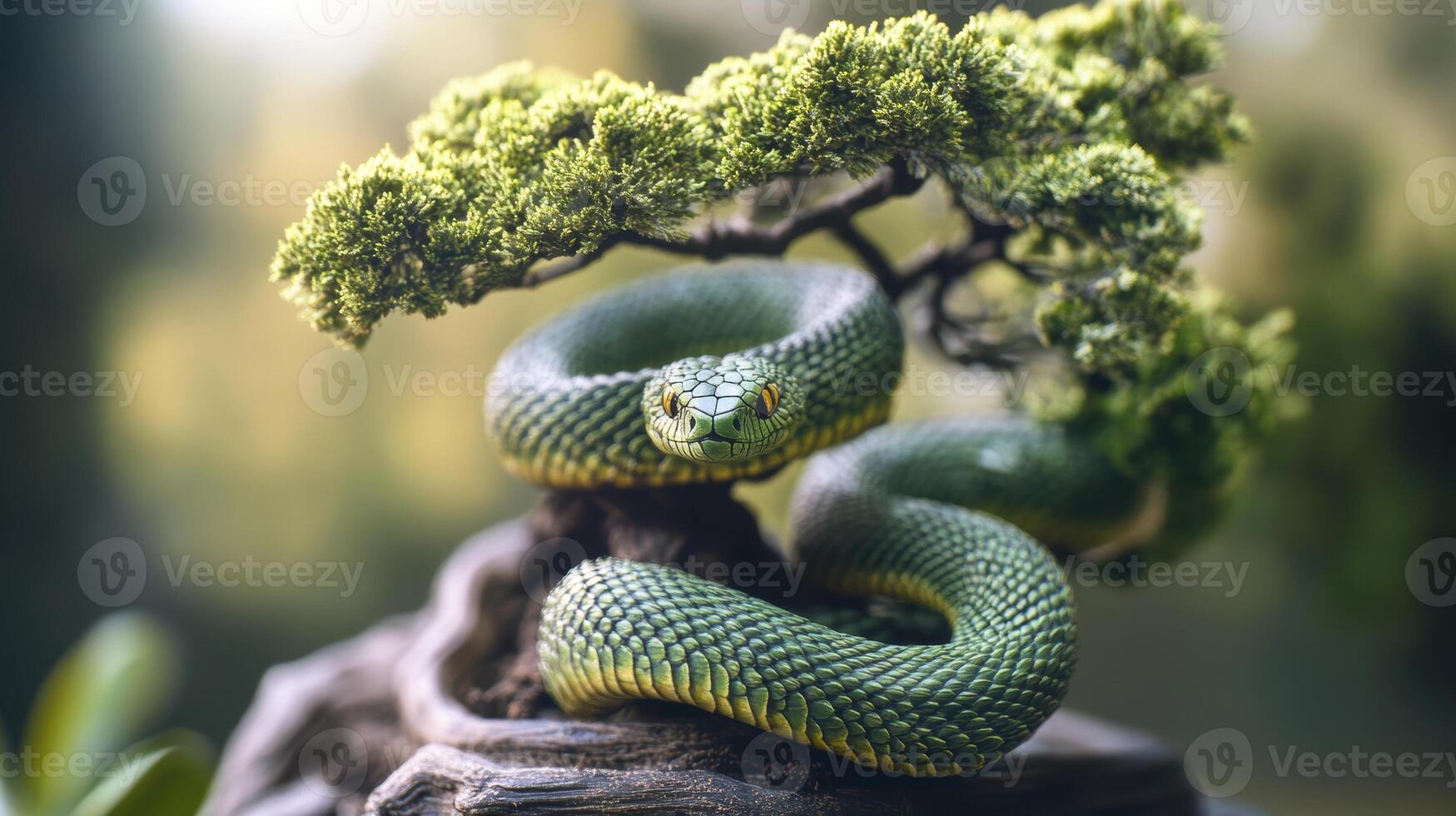 Green snake made of wood intertwined with a bonsai, representing the Chinese New Year 2025. photo