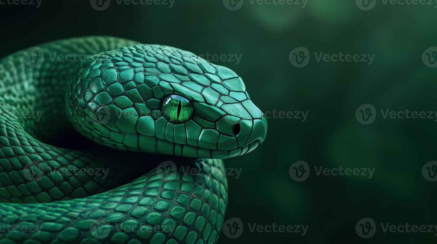 Intricately carved green snake with bright emerald eyes, symbolizing 2025. photo