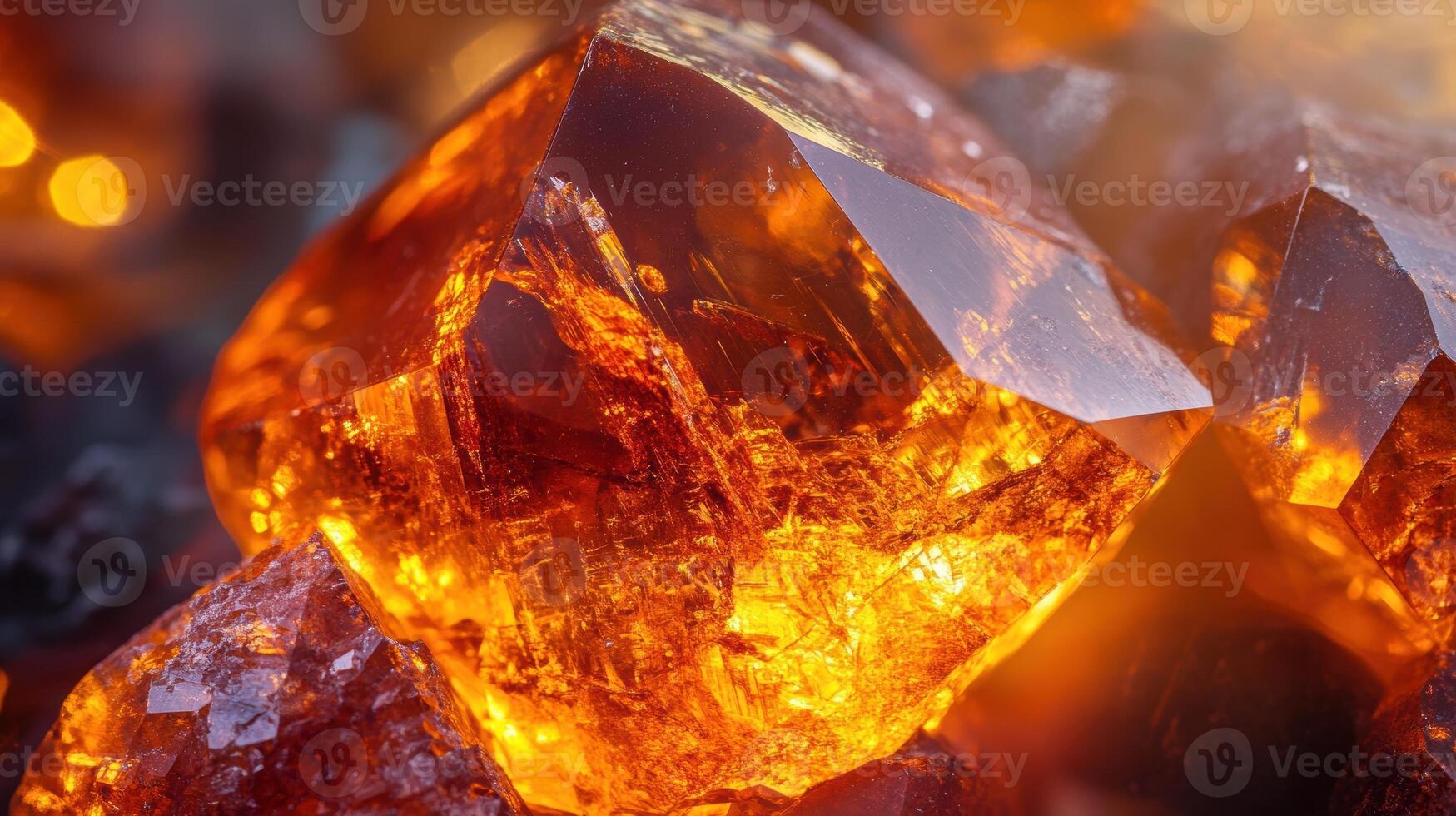 Close-up of a spessartine garnet, showcasing its deep amber tones and sharp, polished edges. photo