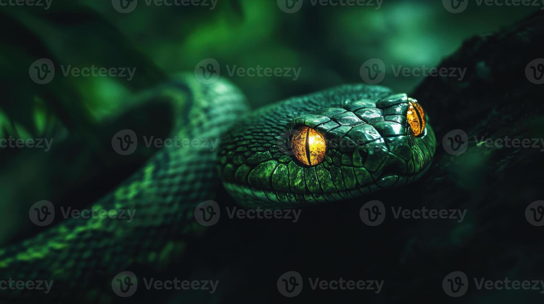 Mystical green wooden snake with glowing eyes, creating a sense of mystery. photo