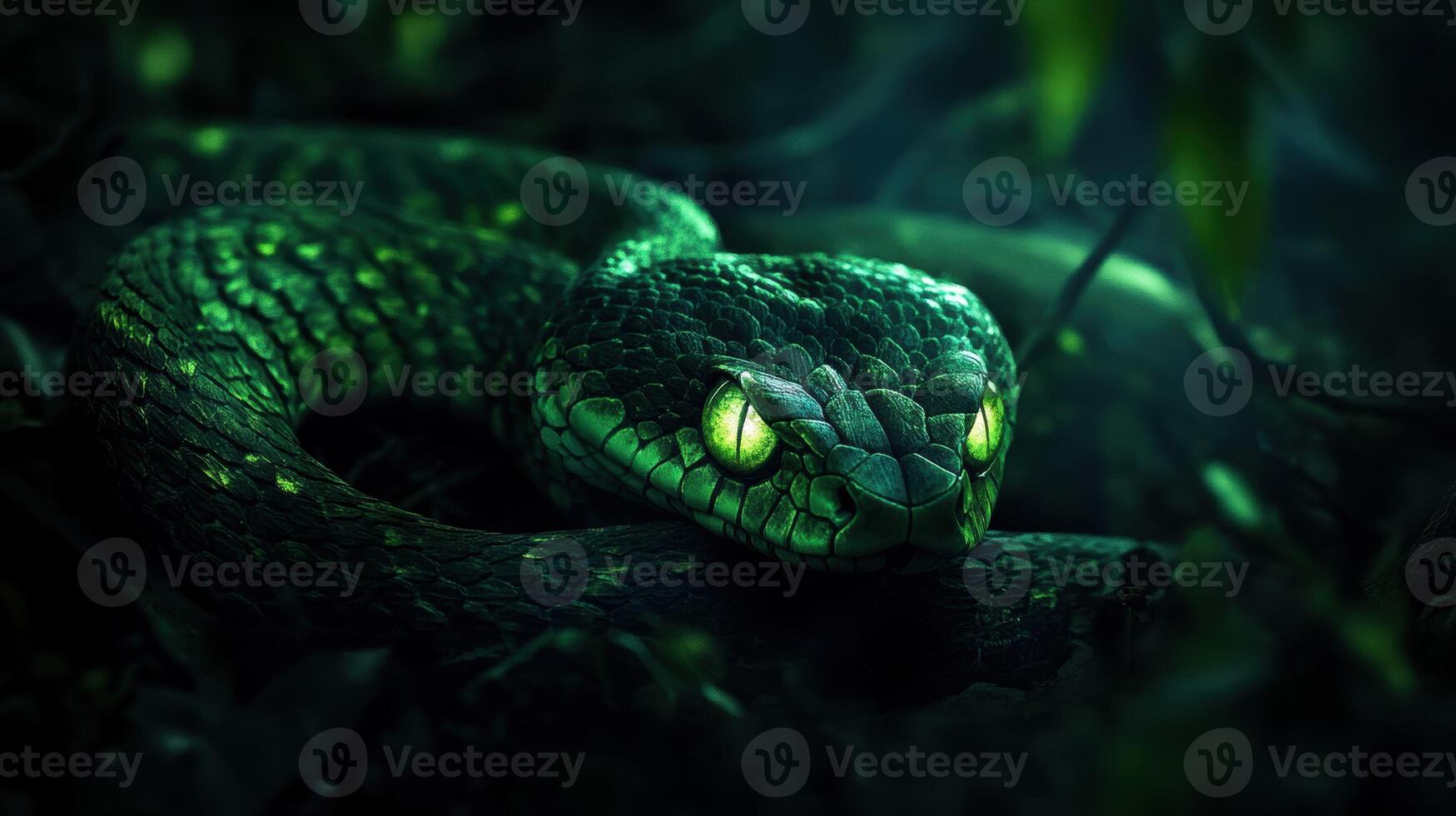 Mystical green wooden snake with glowing eyes, creating a sense of mystery. photo