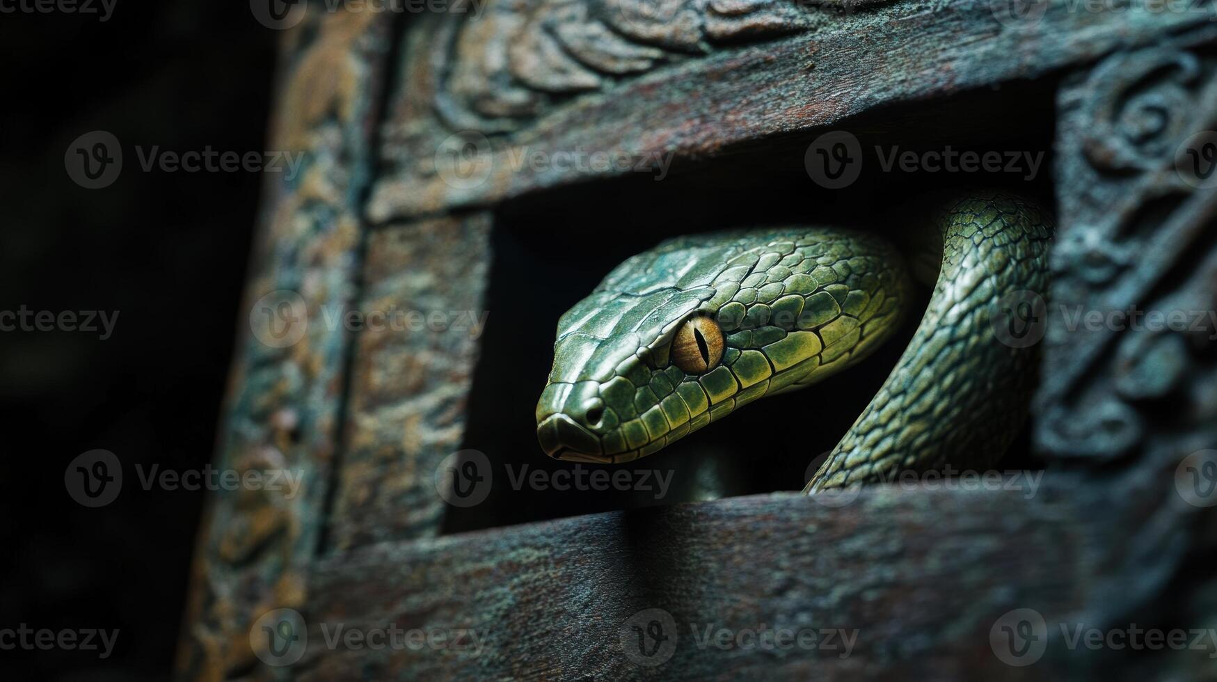 Green serpent emerging from a beautifully carved wooden box. photo
