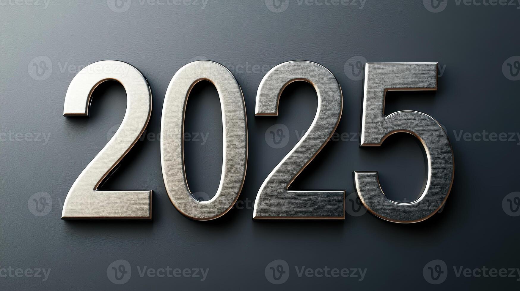 Elegant 2025 in silver serif font on a smooth gray background. photo